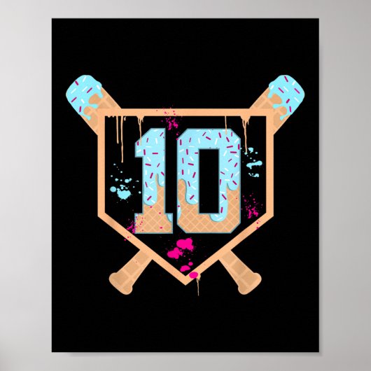 Honkbal 10 jaar oude Ice Cream Drip 10e verjaardag Poster (Voorkant)