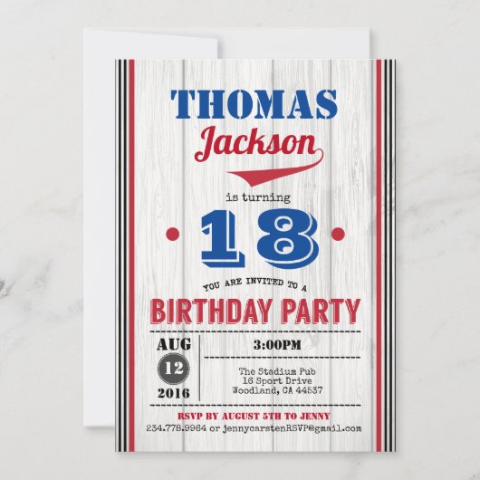 Honkbal 18e verjaardag uitnodiging. rustiek hout kaart (Voorkant)