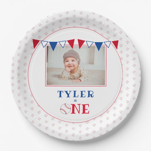 Honkbal 1e Verjaardag Party Foto Papieren Bordje (Voorkant)