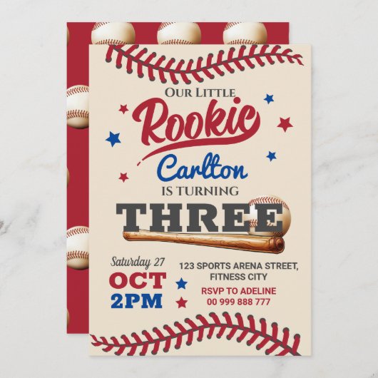 Honkbal 3e verjaardag uitnodiging (Voorkant / Achterkant)