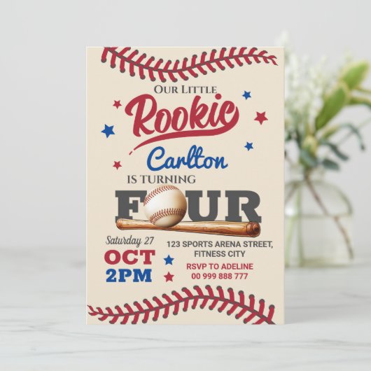Honkbal 4e verjaardag uitnodiging (Staand voorkant)