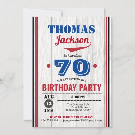 Honkbal 70e verjaardag uitnodiging. rustiek hout kaart (Voorkant)