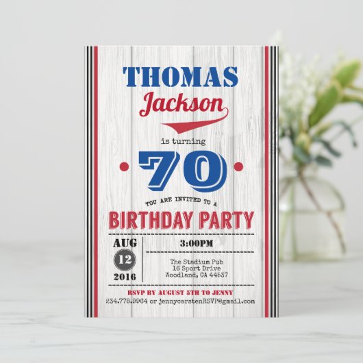 Honkbal 70e verjaardag uitnodiging. rustiek hout kaart (Staand voorkant)