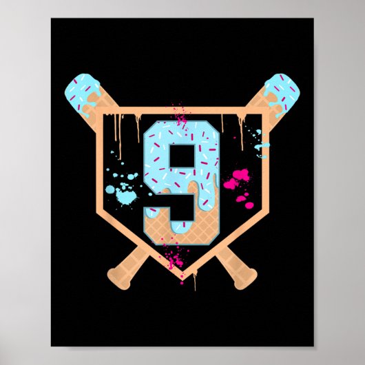 Honkbal 9 jaar oude Ice Cream Drip 9e verjaardag B Poster (Voorkant)