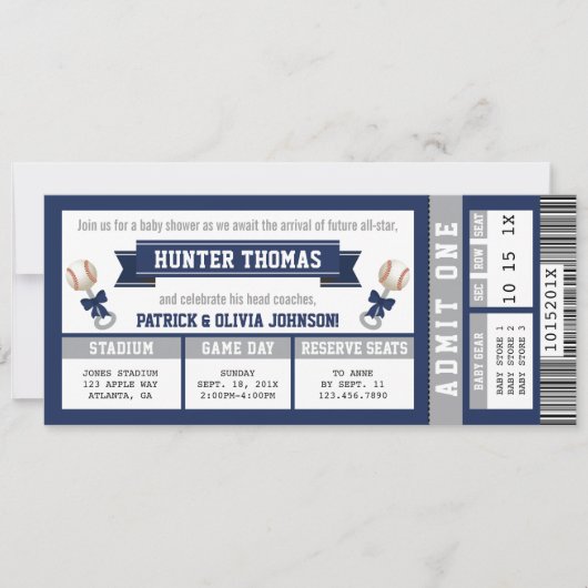 Honkbal Baby shower Invitation, blauw, grijs Kaart (Voorkant)