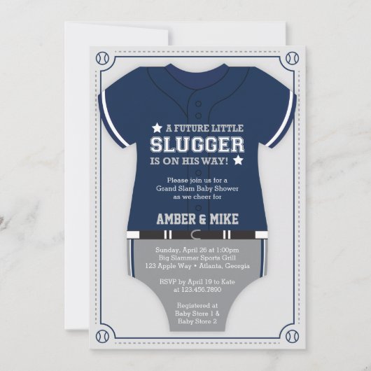 Honkbal Baby shower Invitation, blauw, grijs Kaart (Voorkant)