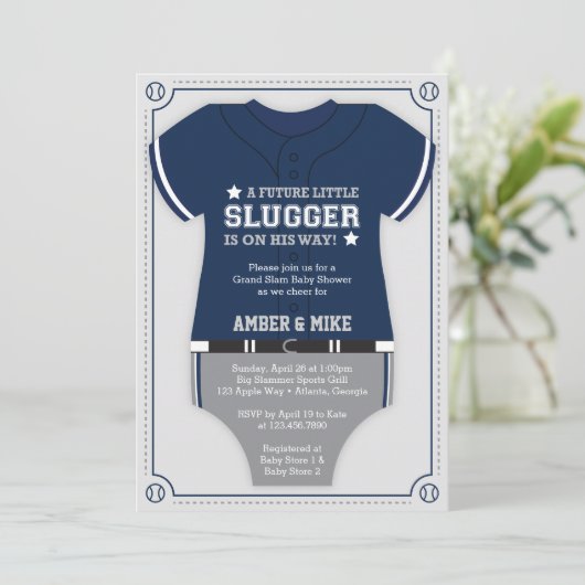 Honkbal Baby shower Invitation, blauw, grijs Kaart (Staand voorkant)