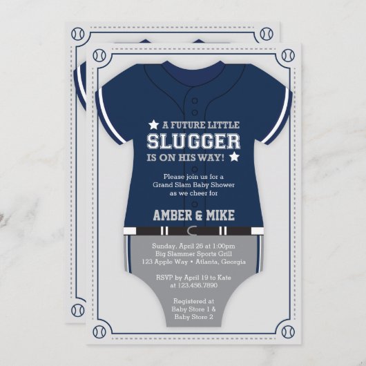 Honkbal Baby shower Invitation, blauw, grijs Kaart (Voorkant / Achterkant)