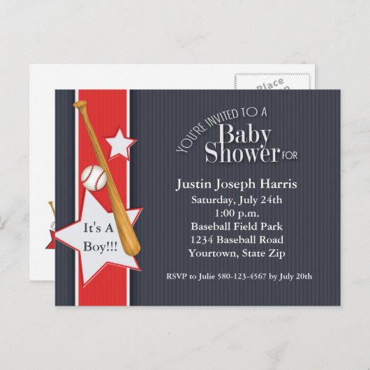 Honkbal Baby shower Uitnodiging Navy Red (Voorkant / Achterkant)