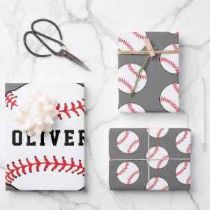Honkbal Bal Grijs Patroon Kinderen Naam Verjaardag Inpakpapier Vel