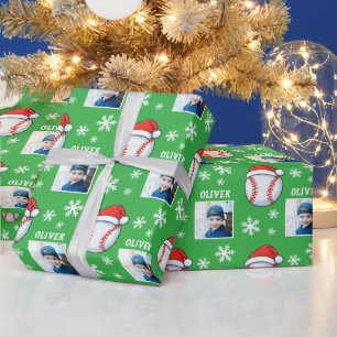 Honkbal Bal Kerstman Hoed Sneeuwvlok Naam Foto Cadeaupapier