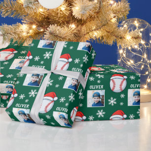 Honkbal Bal Kerstman Hoed Sneeuwvlok Naam Foto Cadeaupapier
