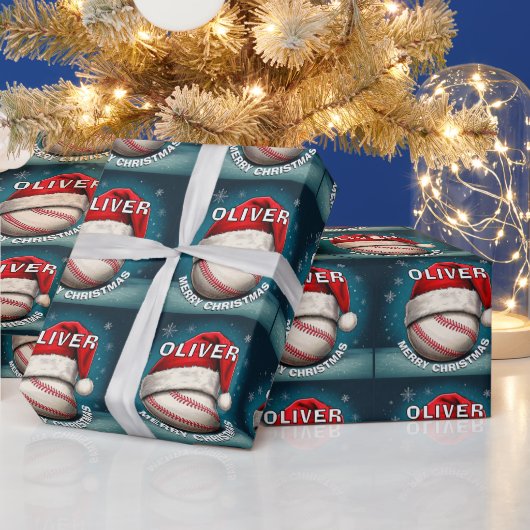 Honkbal Bal Rode Kerstman Hoed Naam Kerstmis Cadeaupapier (Feestdagen)