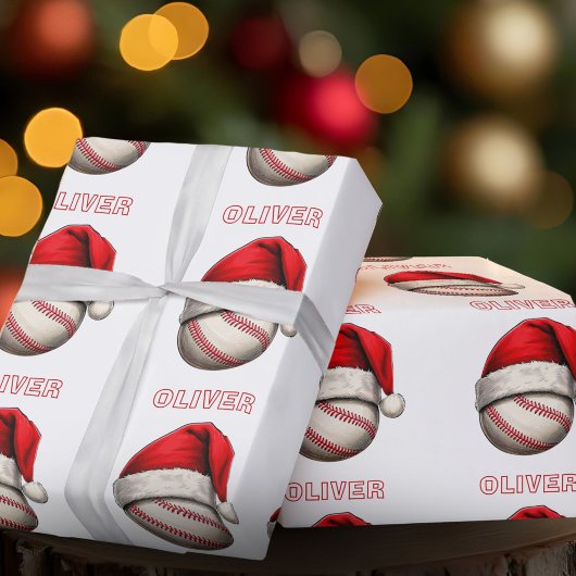 Honkbal Bal Rode Kerstman Hoed Naam Kerstmis  Cadeaupapier
