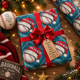 Honkbal Bal Rode Kerstman Hoed Naam Kerstmis Cadeaupapier