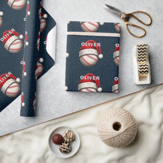 Honkbal Bal Rode Kerstman Hoed Naam Kerstmis  Cadeaupapier (Crafts)