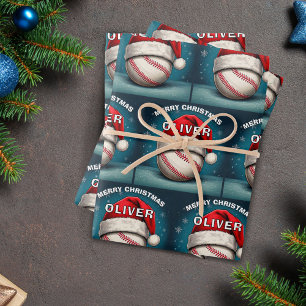 Honkbal Bal Rode Kerstman Hoed Naam Kerstmis Inpakpapier Vel