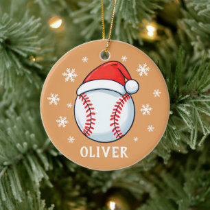 Honkbal Bal Rode Kerstman Hoed Sneeuwvlok Naam Keramisch Ornament