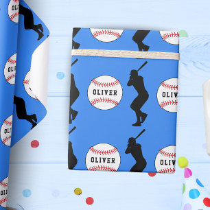 Honkbal Bal Speler Kinderen Naam Verjaardag Blauw Cadeaupapier