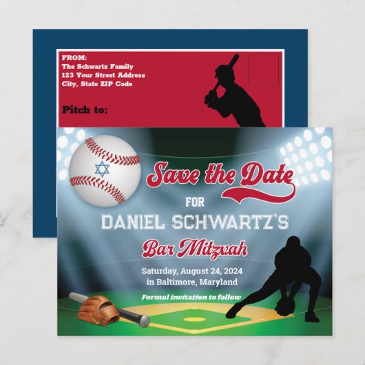 Honkbal Bar Mitzvah Save the Date Briefkaart (Voorkant / Achterkant)