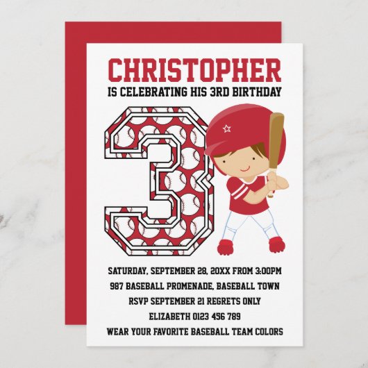 Honkbal Batter Rood Wit 3e Verjaardagsfeest Kaart (Voorkant / Achterkant)