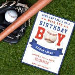 Honkbal Bday Boy 1e Verjaardagsfeest Kaart<br><div class="desc">Rood,  wit en blauw honkbal 1e verjaardagsfeestuitnodiging voor een jongenskind. Personaliseer het met uw bday party details. Geweldig voor sportfans en spelers.</div>