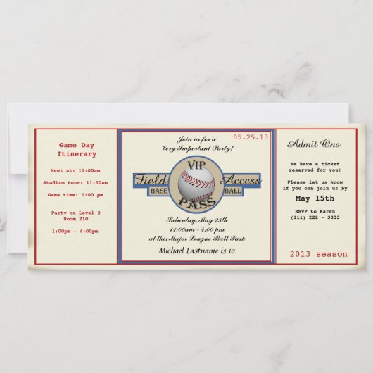 Honkbal Birthday Field Pass Kaart (Voorkant)