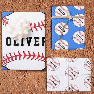 Honkbal Blauw Patroon Kinderen Naam Verjaardag Inpakpapier Vel