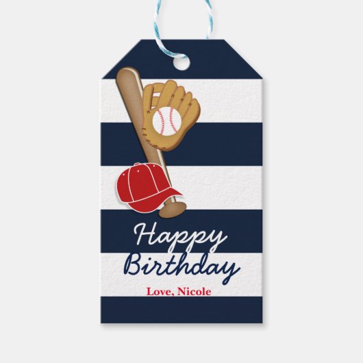 Honkbal blauwe gestreepte verjaardagsfeest cadeaut cadeaulabel (Voorkant)