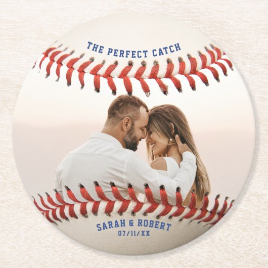 Honkbal de perfecte vangst paar foto bruiloft ronde kartonnen onderzetter (Voorkant)
