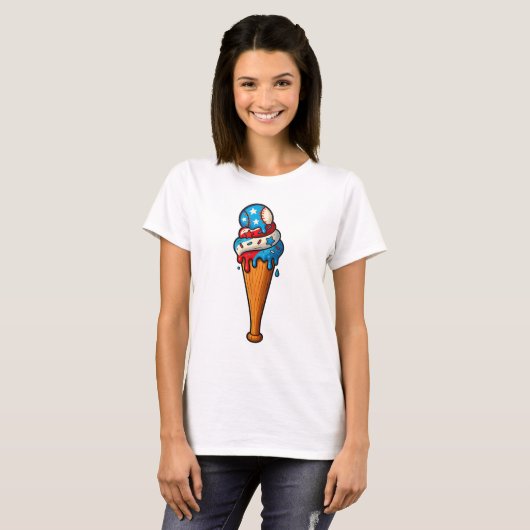 Honkbal Drip Ice Cream Flag 4 juli Patriottisch T-shirt (Voorkant volledig)