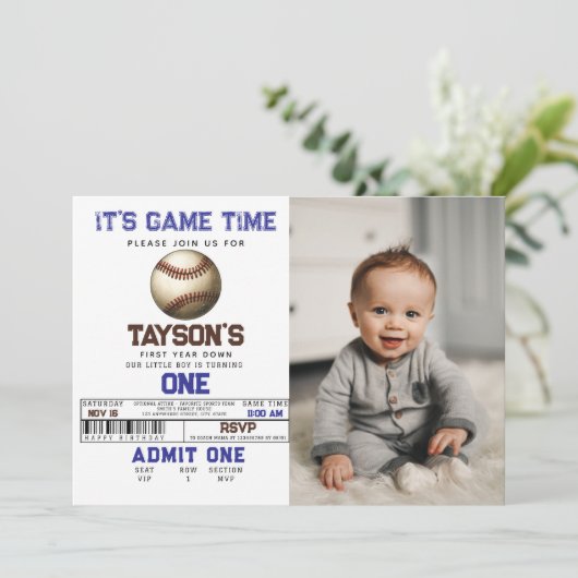 Honkbal Eerste Jaar Down 1e Verjaardag foto Kaart (Staand voorkant)