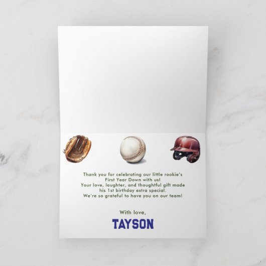 Honkbal eerste jaar naar beneden 1e verjaardag bedankkaart (Binnen)