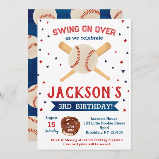 Honkbal eerste tweede derde verjaardag uitnodiging (Voorkant / Achterkant)