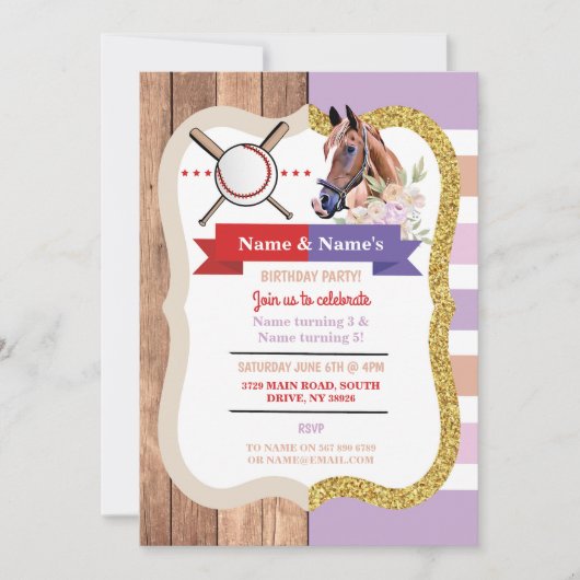 Honkbal en Paard Gezamenlijke Jongen Meisje Verjaa Kaart (Voorkant)