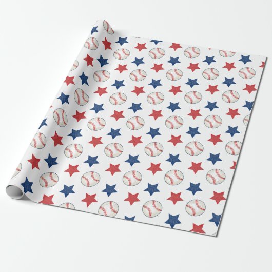 Honkbal en sterren rood wit en blauw patroon cadeaupapier (Uitgerold)