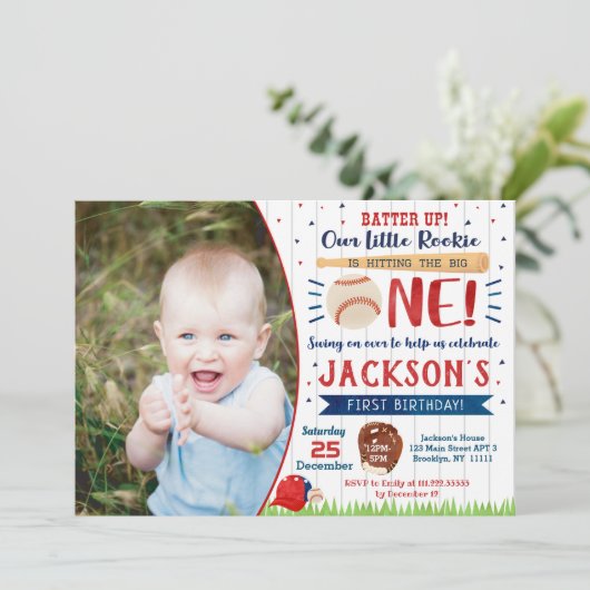 Honkbal Foto Eerste Verjaardag Uitnodigingen (Staand voorkant)