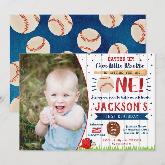 Honkbal Foto Eerste Verjaardag Uitnodigingen (Voorkant / Achterkant)