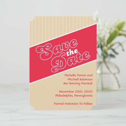Honkbal geïnspireerde Save The Date (Rood / Beige) Kaart (Staand voorkant)