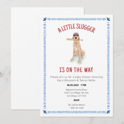 Honkbal Golden Retriever Waterverf Baby shower Kaart (Voorkant / Achterkant)