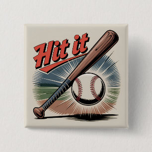 honkbal "Hit It" Retro Sports Vierkante Button 5,1 Cm