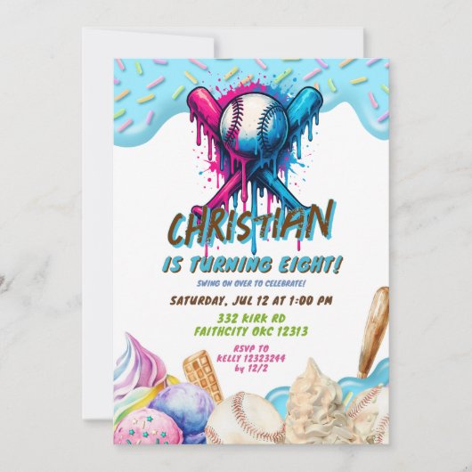 Honkbal Ice Cream Drip Tieners Verjaardagsfeest Kaart (Voorkant)