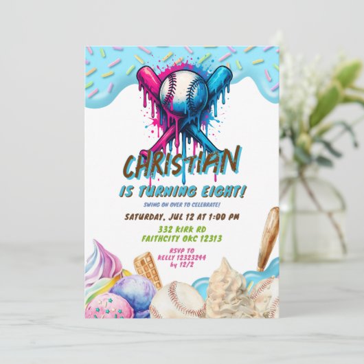 Honkbal Ice Cream Drip Tieners Verjaardagsfeest Kaart (Staand voorkant)