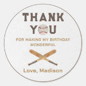 Honkbal Jongen Verjaardag Dank u Ronde Sticker (Voorkant)