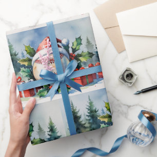 Honkbal Kerst met Santa-hoed Cadeaupapier