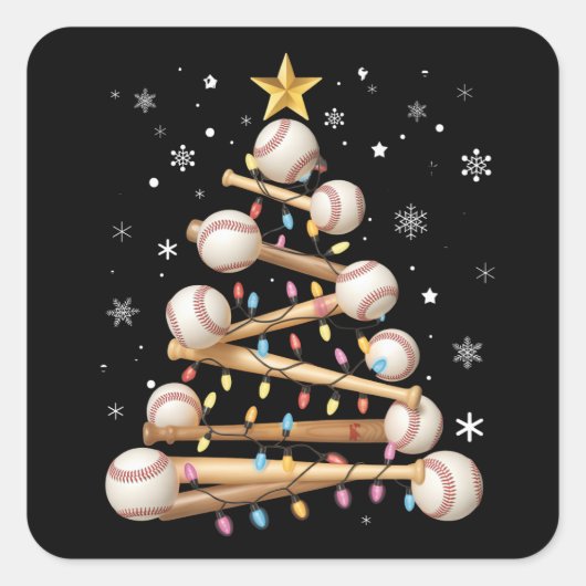 Honkbal Kerstboom Licht Xmas Sport Liefhebber Vierkante Sticker (Voorkant)