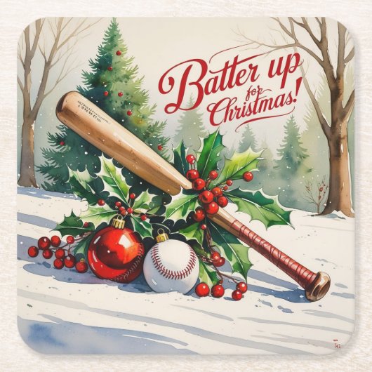 Honkbal Kerstmis "Batter Up voor Kerstmis!" Kartonnen Onderzetters (Voorkant)