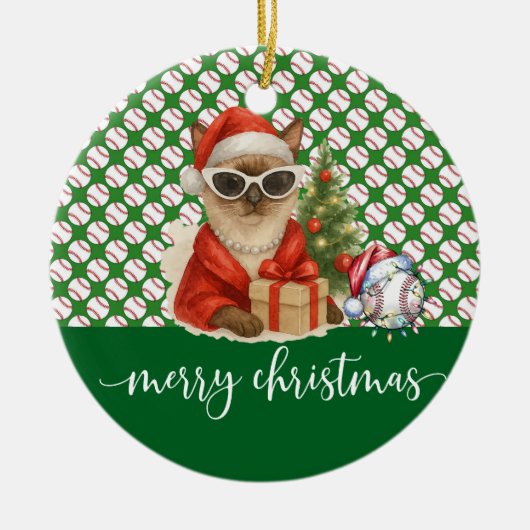 Honkbal Kerstmis thema voor Cat Lovers Keramisch Ornament (Voorkant)