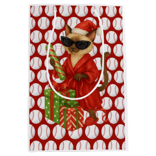 Honkbal Kerstmis thema voor Cat Lovers Medium Cadeauzakje (Voorkant)