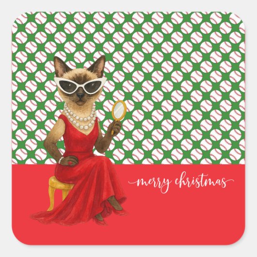 Honkbal Kerstmis thema voor Cat Lovers Vierkante Sticker (Voorkant)